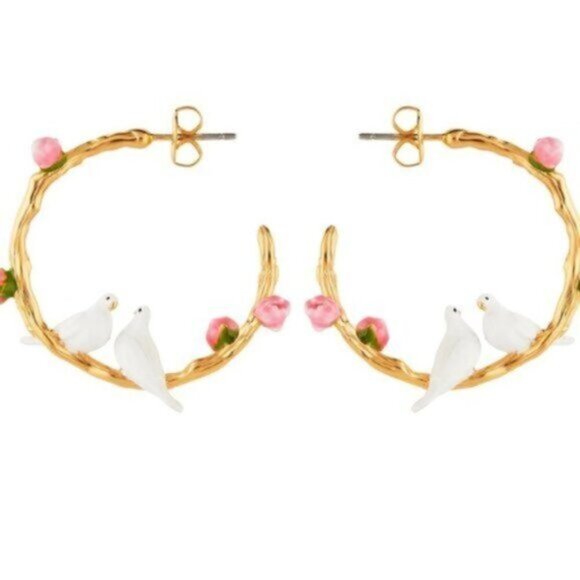 Les Nereides DOVE COUPLE AND SMALL PEONIES HOOP EARRINGS